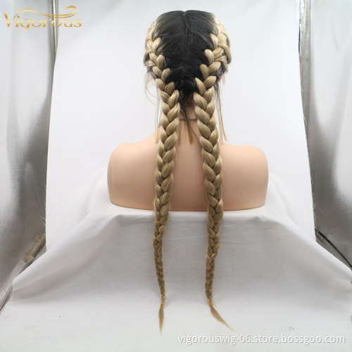 Long straight ombre black blonde cheap wholesale high quailty heat resistant synthetic jumbo braided wig with lace front